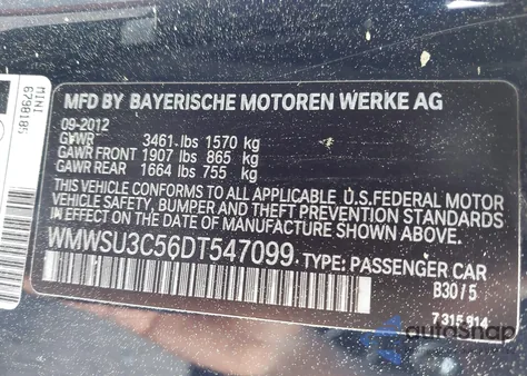 2013 Mini Hardtop Cooper from USA, damaged, VIN WMWSU3C56DT547099